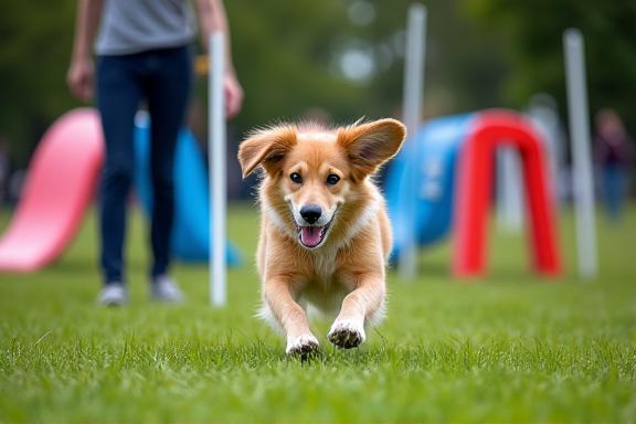 Dog navigating agility course with trainer guidance in Brighton