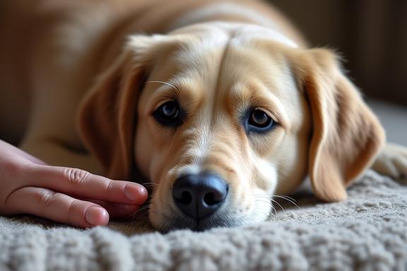 Elderly dog receiving gentle training and enrichment support with caring owner
